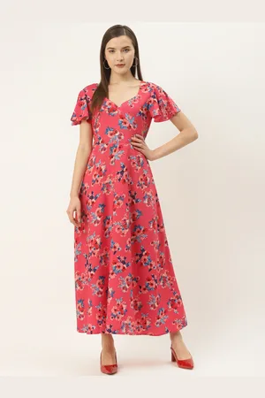 Deewa Women Coral Pink & Blue Floral Print Maxi Dress