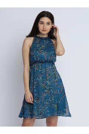Miss Chase Women Turquoise Blue Printed Fit and Flare Dress