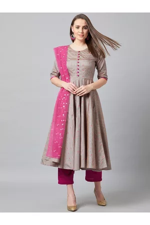 PANIT Women Grey & Pink Solid Kurta with Trousers & Dupatta