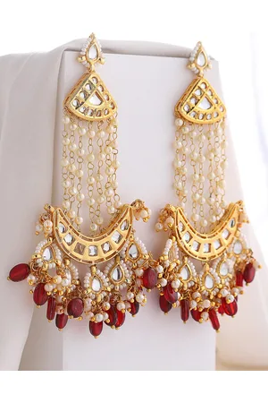 DUGRISTYLE Gold-Plated & Red Crescent Shaped Chandbalis Earrings