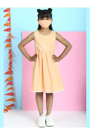 Biba Orange & White Floral Printed Cotton A-Line Dress