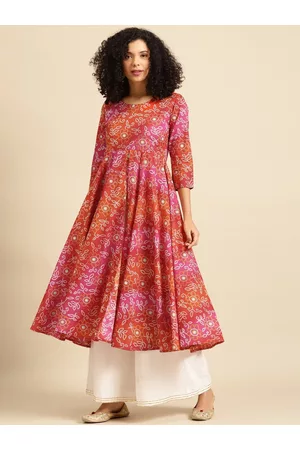 anayna Women Pink & White Pure Cotton Bandhani Printed Anarkali Kurta