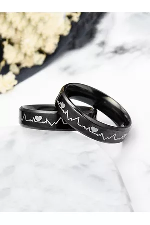 Yellow Chimes Set of 2 Black Rhodium-Plated Stainless Steel Heartbeat Wave Design Couple Band Rings