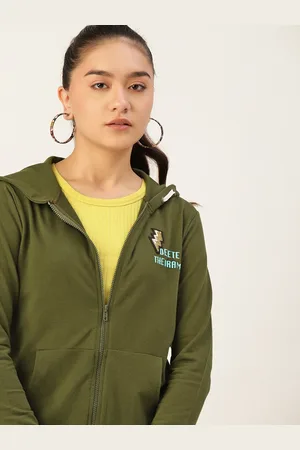 DressBerry Women Olive Green Pure Cotton Solid Hooded Sweatshirt