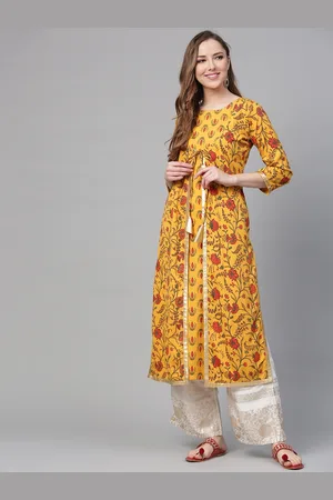Ahalyaa Women Mustard & Red Printed Layered A-Line Kurta