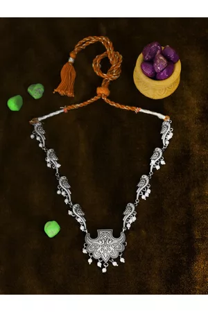 Adwitiya Collection Silver-Plated Oxidised Peacock Design Necklace