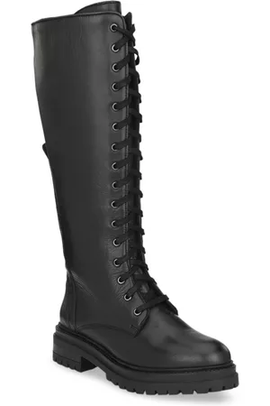 Delize Women Black Solid Leather High-Top Memory Foam Flat Boots