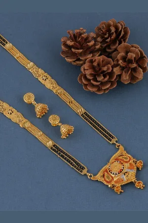 Brandsoon Gold-Plated Black Beaded Mangalsutra With Earrings