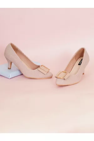 Sherrif Nude-Coloured & White Bow Embellished Kitten Pump Heels