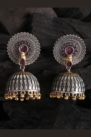 JEWELS GEHNA Silver-Toned & Gold-Toned Oxidised Dome Shaped Jhumkas