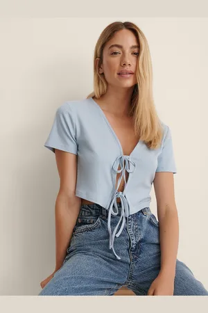 NA-KD Women Blue Ribbed Tie-Up Crop Top