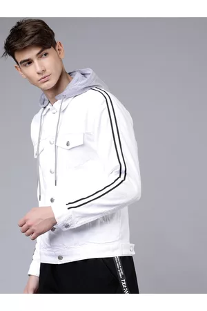 Highlander Men White Solid Hooded Denim Jacket