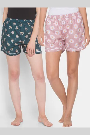 FashionRack Women Pack of 2 Pink & Teal 2 Printed Cotton Lounge Shorts