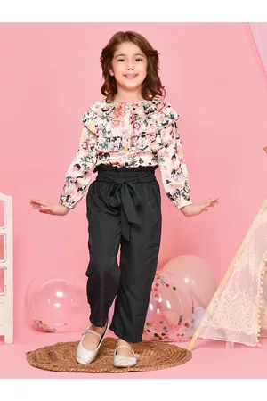 LilPicks Girls Beige & Green Floral Printed Frilled Top with Trousers