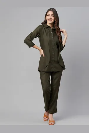 Cottinfab Women Olive Green Solid Shirt with Trousers