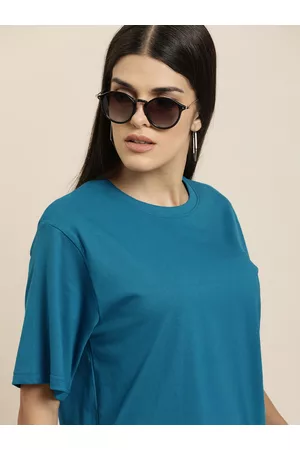 Difference of Opinion Women Blue Solid Pure Cotton Oversized T-shirt