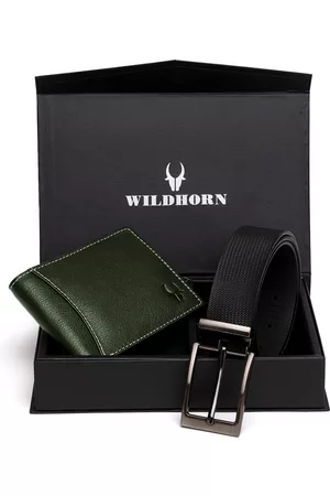 WildHorn Men Green & Black RFID Protected Genuine Leather Accessory Gift Set