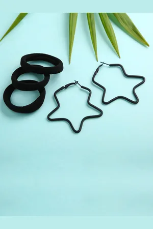 justpeachy Women Black Star Shaped Handcrafted Hoop Earrings With Pony Tail Holders