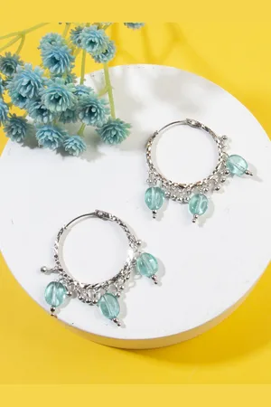 AccessHer Silver-Plated & Blue Circular Hoop Earrings