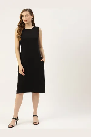 BRINN Black Pure Cotton Solid A-Line Sleeveless Dress