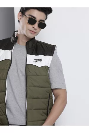 The Indian Garage Co Men Olive Green & White Striped Padded Jacket