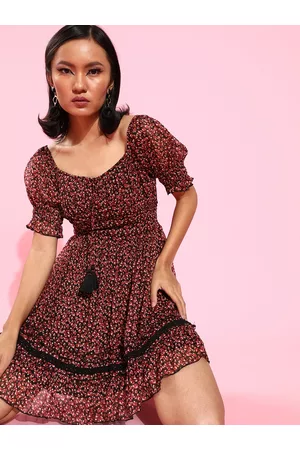 Antheaa Women Stylish Black Floral Dress