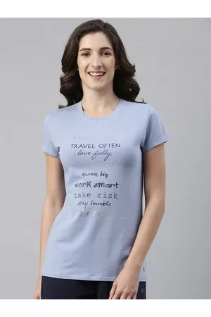 ENAMORA Women Blue Typography Printed Applique Slim Fit T-shirt