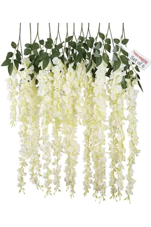 Tied Ribbons Set Of 6 White & Green Artificial Hanging Wisteria Flower-Strings