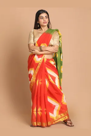 Indethnic Orange & Green Tie and Dye Zari Pure Cotton Saree