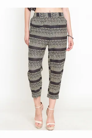 Sera Women Grey & Yellow Straight Fit Printed Cigarette Trousers