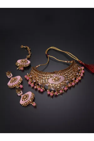 ANIKAS CREATION Gold-Plated Beige & Pink Kundan-Studded Enamelled Bridal Look Choker Jewellery S