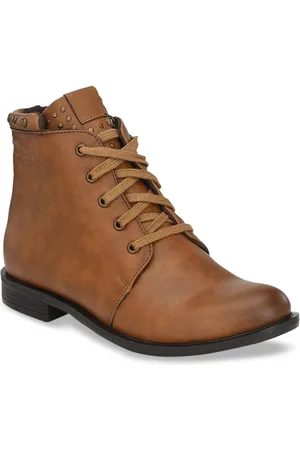 Delize Women Brown Solid Mid-Top Flat Boots