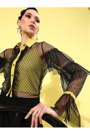 KASSUALLY Women Stylish Black Geometric Tulle Shirt