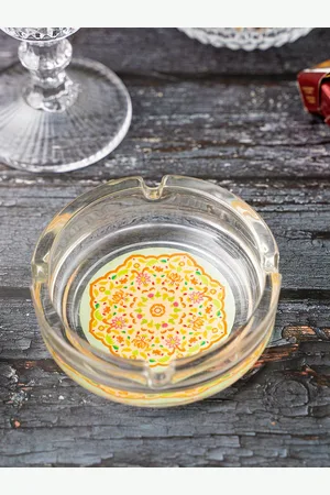 KOLOROBIA Transparent & Orange Mughal Print Ornate Glass Ashtray