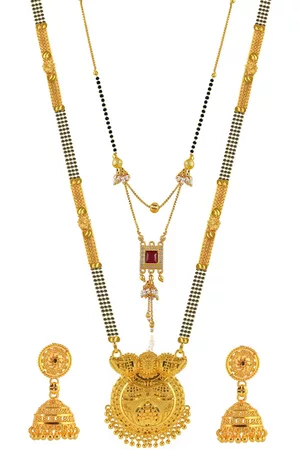 Brandsoon Set Of 2 Gold-Plated & Black Beaded Mangalsutra With Earrings
