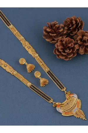 Brandsoon Gold-Plated & Black Beaded Mangalsutra With Earrings