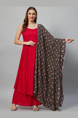 InWeave Women Red Pleated Kurta with Palazzos & With Dupatta