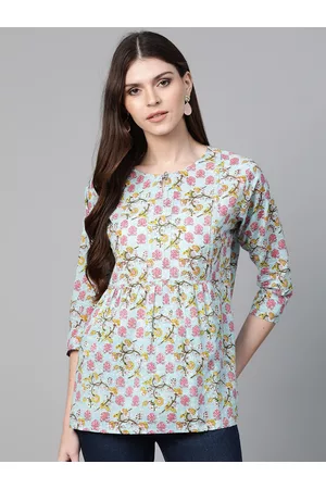 Bhama Couture Women Blue & Pink Floral Print A-Line Pure Cotton Top