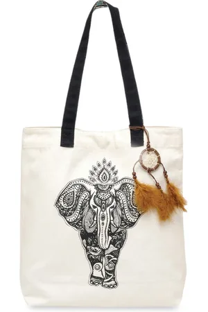 The House of Tara Off White and Black Canvas Ethnic Motifs Printed Shopper Tote Bag