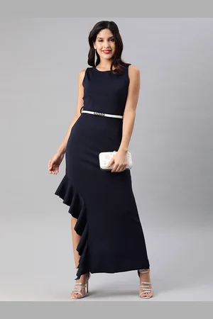 ATHENA Navy Blue Ruffled Sheath Maxi Dress