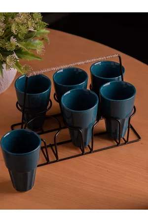 Homesake Set of 6 Teal Green Ceramic Chai Glasses With Black Stand