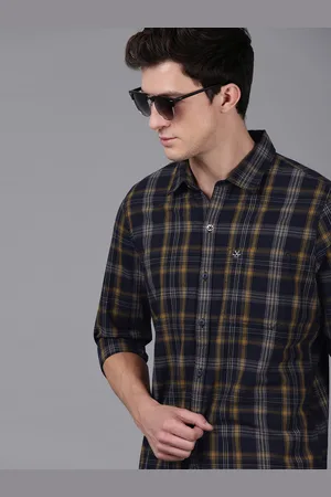 WROGN Men Navy Blue & Mustard Yellow Slim Fit Checked Casual Shirt