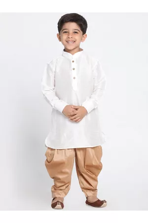 Vastramay Boys White & Beige Self Design Cotton Silk Kurta with Dhoti Pants