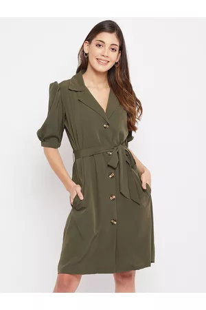 Color Cocktail Women Olive Green Crepe Shirt Dress