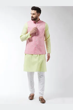 SOJANYA Men Lime Green & White Solid Kurta And Churidar With Jacket