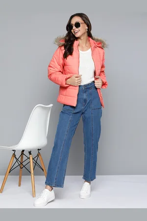 HERE&NOW Women Coral Pink Solid Parka Jacket