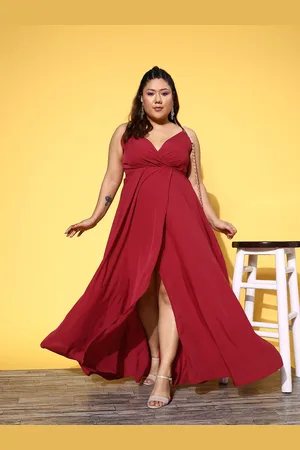 Berrylush Plus Size Red Crepe Solid Fit & Flare Maxi Dress