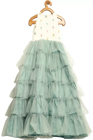 Ethnovog Girls Green White Floral Embellished Net Maxi Dress