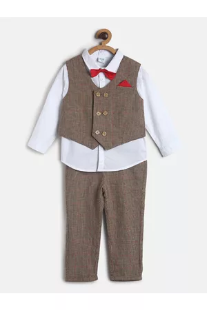 MINI KLUB Boys Brown & White Checked Pure Cotton Shirt with Trousers With Waist Coat