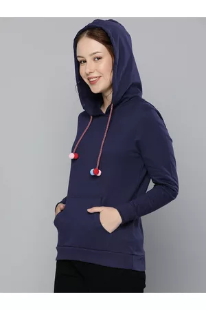 HERE&NOW Women Navy Blue Solid Hooded Sweatshirt